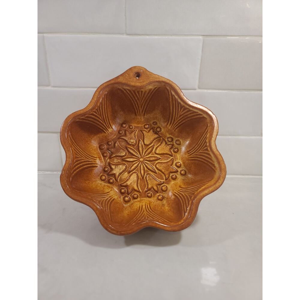 Vintage French Terracotta Cake Mold - Amber Glazed Earthenware Snowflake Floral